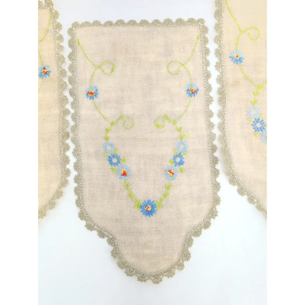 Vtg Linen Embroidered Napkins Set 4 Floral Scalloped Lace Cream Blue Green 7X12